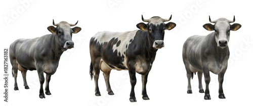 Foto Belgian Blue cow isolated on white background, muscular white and blue beef catt