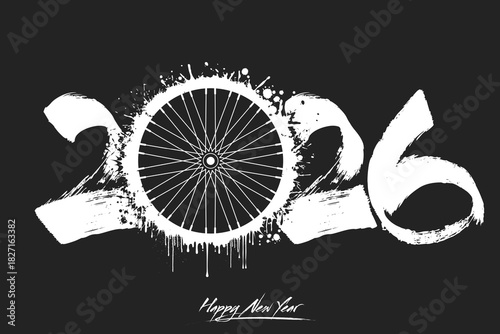 Numbers 2026 and a abstract bike wheel made of blots in grunge style. Design text logo Happy New Year 2026. Template for greeting card, banner, poster. Vector illustration on isolated background