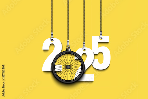 Numbers 2026 and bike wheel as a Christmas decorations are hanging on strings. New Year 2026 are hang on cords. Template design for greeting card. Vector illustration on isolated background