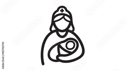 Line icon of a nurse or midwife holding a swaddled newborn baby, symbolizing maternity care and childbirth