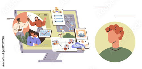 Computer screen showcasing virtual teamwork, task management, communication tools, and user interface icons alongside a profile picture. Ideal for remote work, digital collaboration, online