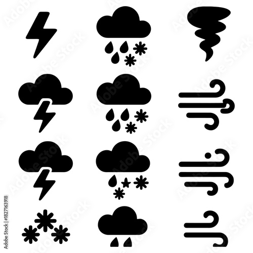 Weather Icons: Weather forecast icons, depicting the varying conditions, from sunshine to heavy rain and powerful lightning strikes. 