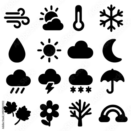 Weather Icons: A collection of simple, elegant icons representing various weather conditions, perfect for illustrating forecasts, climate concepts, and environmental themes.