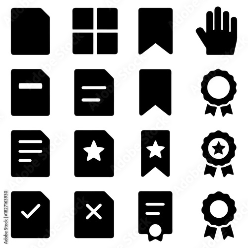 Iconic Digital Collection: An assortment of black icons, offering a versatile range of symbols for digital applications and web design, including file documents, check marks, stars, ribbons.