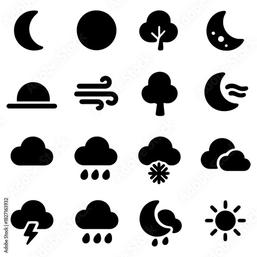 Weather Icons: A collection of simple, black and white weather icons represent the moon phases, sun, clouds, rain, snow, tree, and wind for educational or decorative purpose.