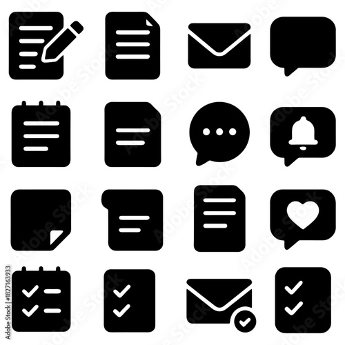 Set of communication and task Icons: A collection of communication and task icons in a monochrome aesthetic, offering versatility for interface design.