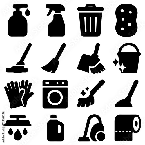 Cleaning Essentials Icons: A collection of various cleaning tools and supplies presented as clean, minimalist icons, including spray bottles, mops, brooms, and other equipment. 