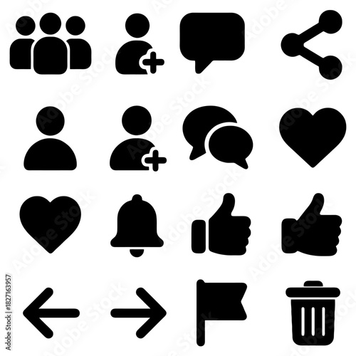 Iconic Elements: A collection of simple, recognizable icons designed for modern digital communication and social media platforms, each representing a core function or interaction.