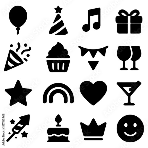 Party Elements Collection: A whimsical assortment of classic party icons, perfect for crafting invitations, designing celebratory graphics, or adding a touch of festive flair to any project.