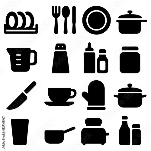 Kitchen Utensils Icon Set: A collection of various cooking tools and equipment, featuring icons of plates, cutlery, pots, measuring cups, seasonings, and more.