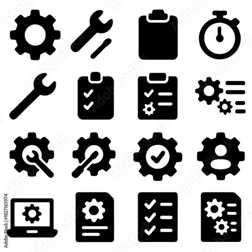 Essential Toolkit for Maintenance: A collection of meticulously designed icons representing crucial tools, gears, and checklists, symbolizing efficiency and precision. Perfect for any industry.