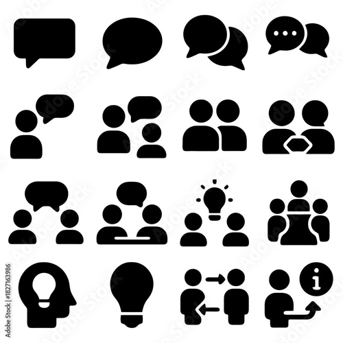 Communication icons: A collection of various communication icons, representing diverse interactions, ideas, and dialogues. 