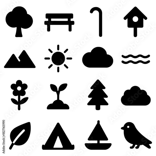Nature Icon Set: A comprehensive collection of stylized icons capturing the essence of nature, including trees, mountains, sun, clouds, and various other outdoor elements.