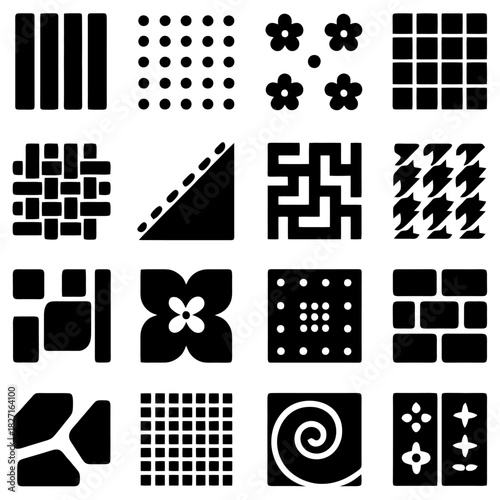 Visual Symphony: A collection of various geometrical patterns and design elements, each rendered in sleek black, offering a diverse array of creative assets for artistic or commercial use. 