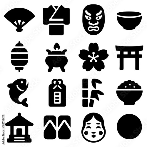 Japanese Cultural Icons: A curated collection of Japanese cultural icons, showcasing the country's rich heritage and artistic traditions. Featuring a fan, kimono, mask, bowl, lantern, incense burner.