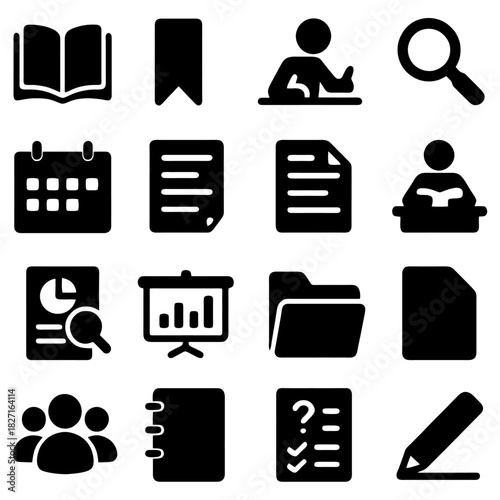 Information and Study Icons: A collection of concise, monochrome icons captures the essence of information, study, and organization, ideal for educational or professional concepts. 