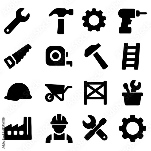 Tools of the Trade: A collection of various construction equipment silhouettes, each representing an essential instrument in the hands of skilled workers and builders. 