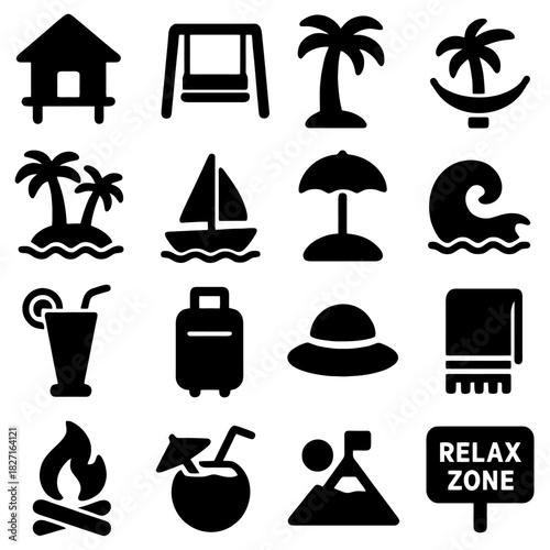 Summer Fun Icons: A collection of delightful icons capturing the essence of a perfect summer day, from cozy cabanas and relaxing swings to tropical palms and adventurous boats.