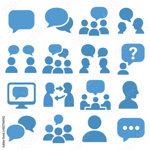 Digital Discourse: A collection of blue icons, artfully depicting the essence of conversation, teamwork, thought, and inquiry, symbolizing vital communication dynamics.