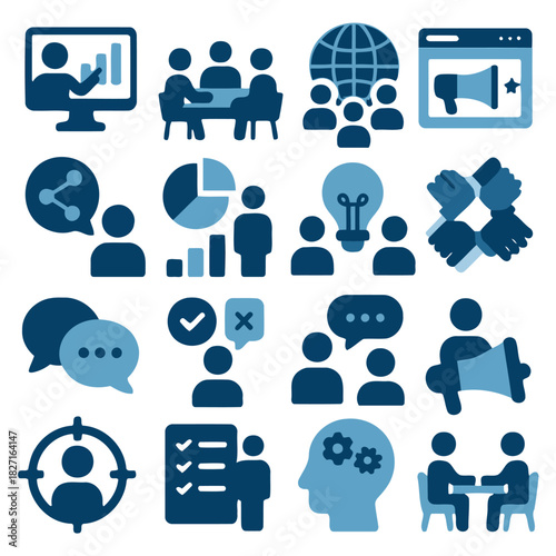 Business Icon Set: A comprehensive collection of business-themed icons, representing diverse aspects of corporate activity and strategy