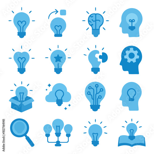 Creative Concepts: An illustrative assortment of luminous light bulbs showcasing various concepts related to ideas and innovation.
