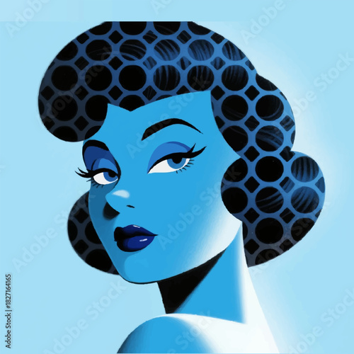 Illustration of a poster in the style of the 40s of a cartoon female face with an interesting hairstyle on a blue background. Vector graphics. EPS.