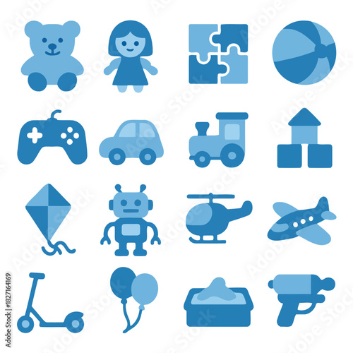 Toy Icons in Azure: A collection of blue toy icons, perfect for playful designs and themes, including items like teddy bear, doll, puzzle, ball, gamepad, car, train, building block, kite, robot.