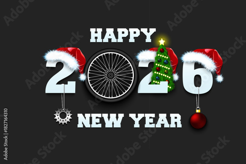 Happy new year. 2026 with wheel bike. Numbers in Christmas hats with Christmas tree ball. Original template design for greeting card. Vector illustration on isolated background