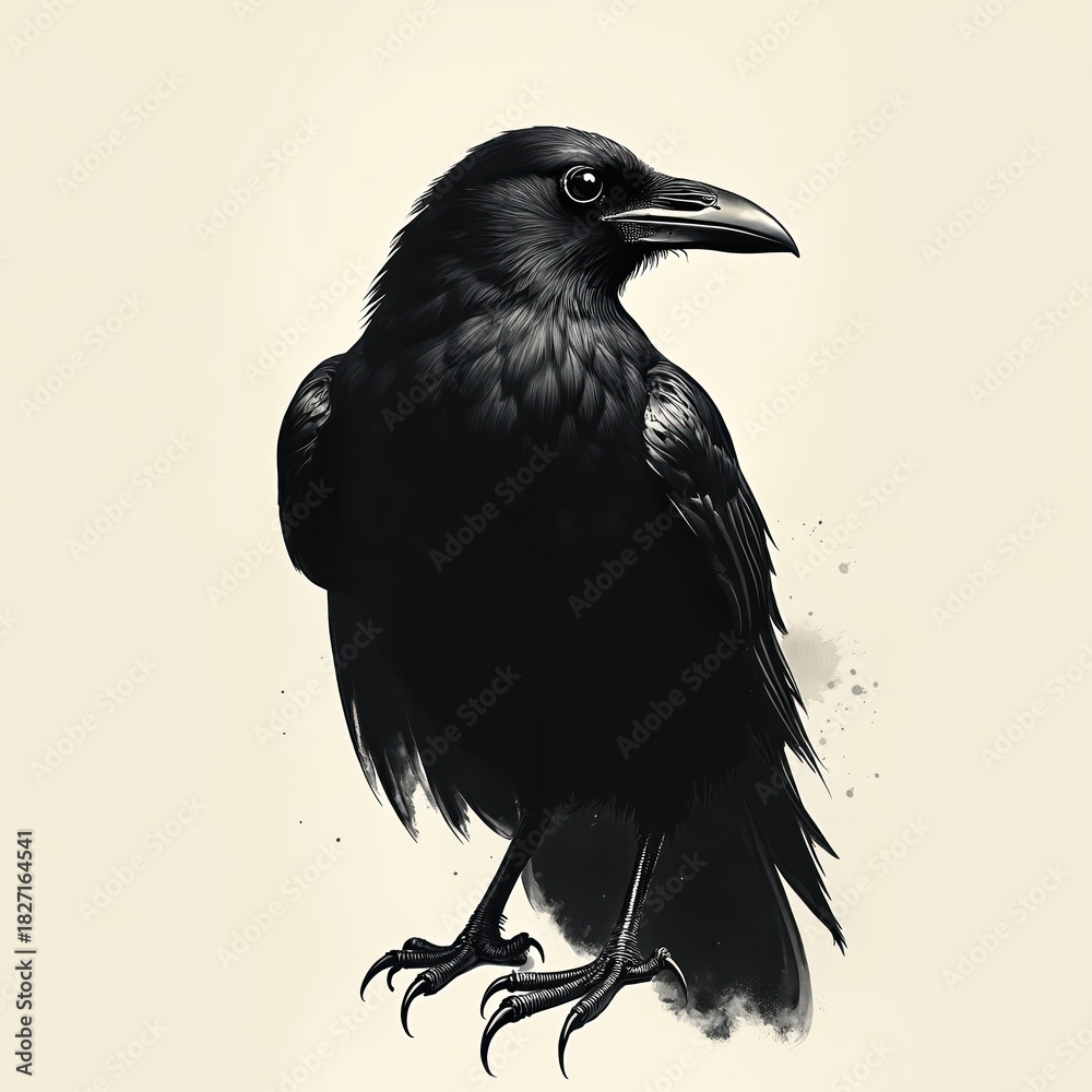 Fototapeta premium Artistic crow illustration in black ink style. Detailed bird portrait features sharp focus on dark feathers, piercing eye, strong beak against soft, light background with subtle ink splashes. Elegant
