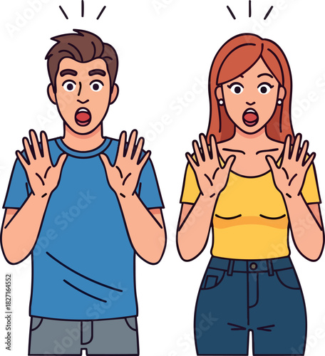 Shocked Couple with Hands Raised in Astonishment