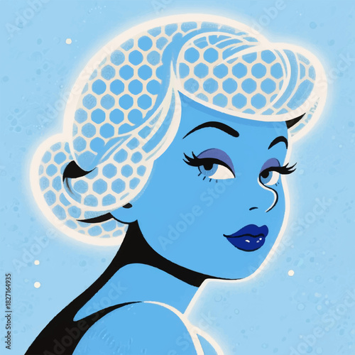 Illustration of a poster in the style of the 40s of a cartoon female face with an interesting hairstyle on a blue background. Vector graphics. EPS_02.