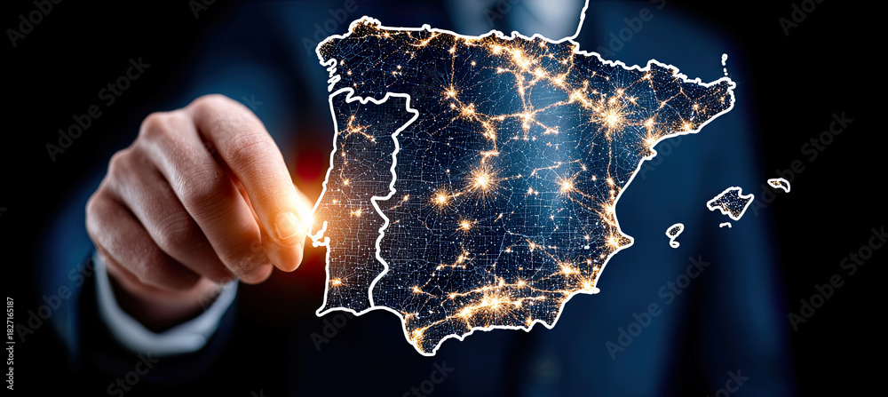 Obraz premium Hand touching iberian peninsula map and global network. Generated with ia