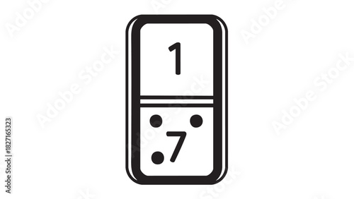 Domino card with the number one and seven dots on a white background, abstract representation of a game piece