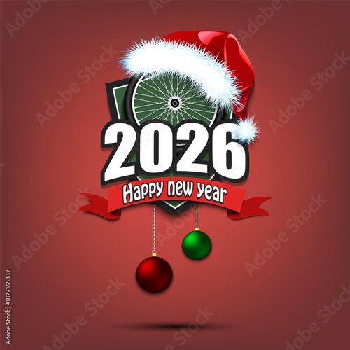 Happy new year 2026. Bicycle logo template design. Bike wheel in santa hat. Design pattern for greeting card, banner, poster. Vector illustration on isolated background