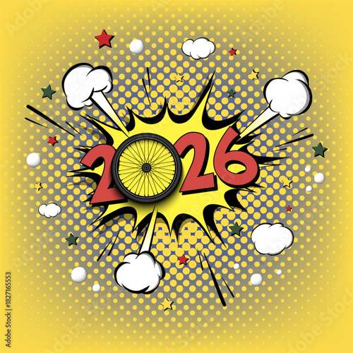New Year numbers 2025 and bike wheel in pop art style. Comic text on speech bubbles background. Sound effect. Design Pattern for greeting card, banner, vintage comics, poster. Vector illustration