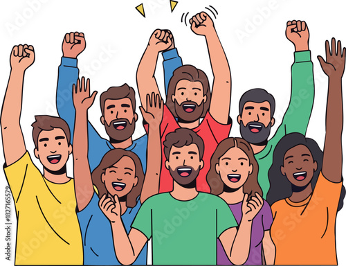 Diverse Group of Happy People Cheering with Raised Fists