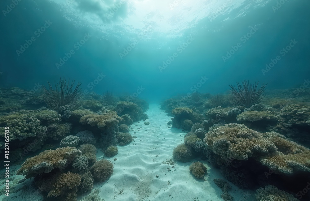 Naklejka premium Underwater view of sandy seabed path between damaged coral formations. Sun rays pierce turquoise ocean water, illuminating marine ecosystem. Bleached reef shows environmental impact, conservation