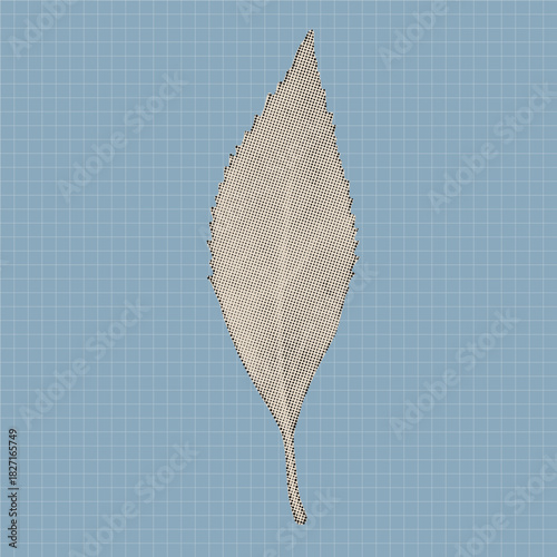 Elegant narrow leaf rendered in a halftone dotted texture with a retro graphic feel. Ideal for posters, botanical prints, contemporary design, and minimalist collage art.