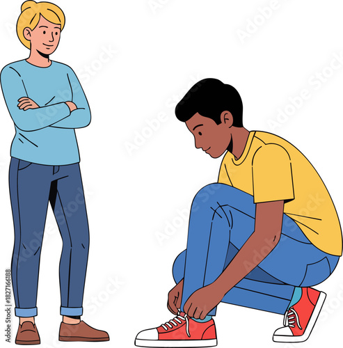 Young Man Tying Shoelace While Woman Waits