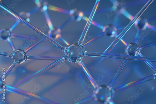 Close up of a network of glass spheres. The spheres are connected by thin lines, creating a web-like structure. Concept of interconnectedness and complexity, as well as a sense of fragility