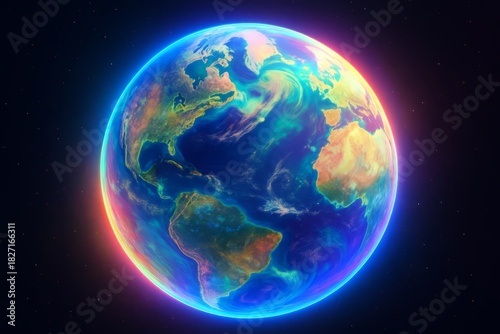 Colorful planet with a blue ocean and a white continent. The planet is surrounded by stars and the sky is filled with light