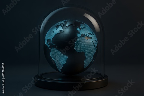 Globe is inside a glass dome. The globe is black and blue. The globe is surrounded by a dark background