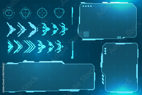 Futuristic frame for target screen and border aim control panel HUD, GUI, UX interface screen design. Virtual reality. Futuristic VR Head-up Display Design. Sci-Fi Helmet HUD. Future Technology