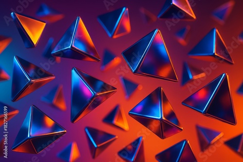 Colorful image of many triangles in various sizes and orientations. The triangles are arranged in a way that creates a sense of movement and depth. Scene is energetic and dynamic
