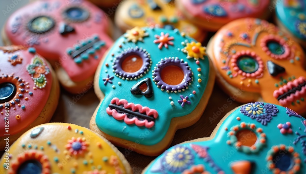 Obraz premium Sugar cookies shaped like colorful skulls with intricate icing designs. These festive treats are perfect for Dia de los Muertos celebrations or Halloween parties. They look delicious and fun.