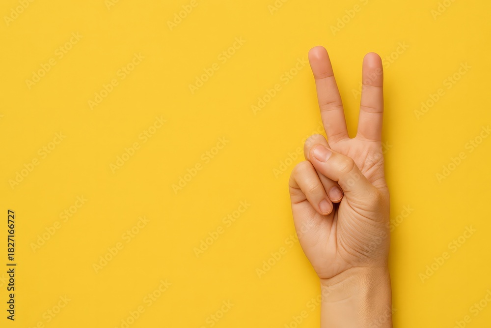 Naklejka premium Hand is holding up two fingers in a peace sign. The yellow background adds a warm and inviting atmosphere to the image