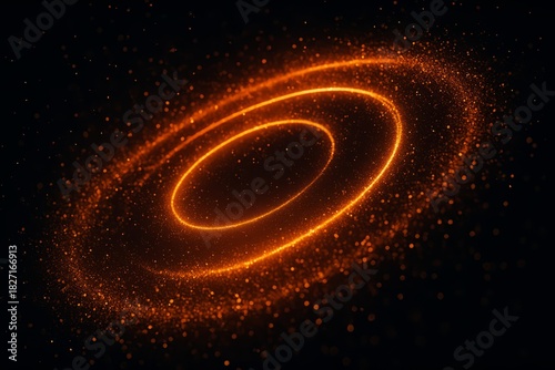 Glowing orange circle with a black background. The circle is surrounded by a lot of small dots