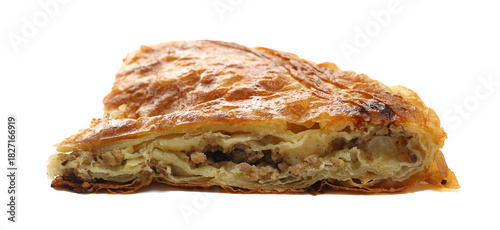 Burek, meat pie isolated on white, side view