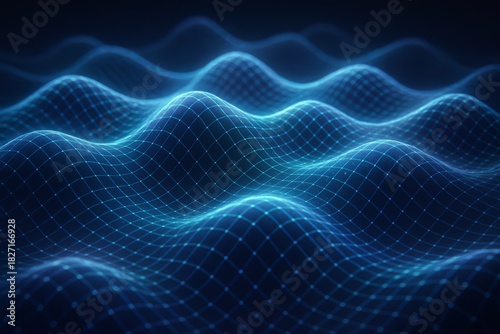 Blue wave with a grid pattern. The image is of a computer generated wave. The blue color and the grid pattern give the image a futuristic and technological feel