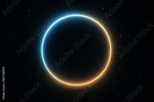 Glowing blue and orange circle in the dark. The circle is surrounded by a lot of stars
